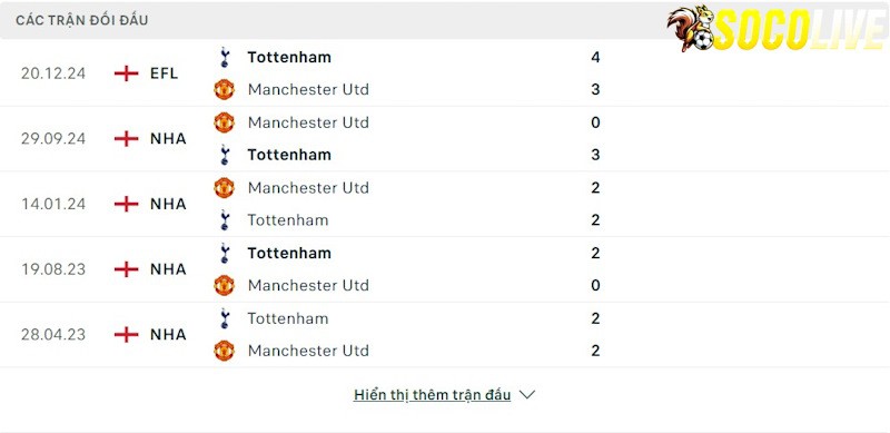 Thành tích đối đầu Tottenham vs Manchester United 
